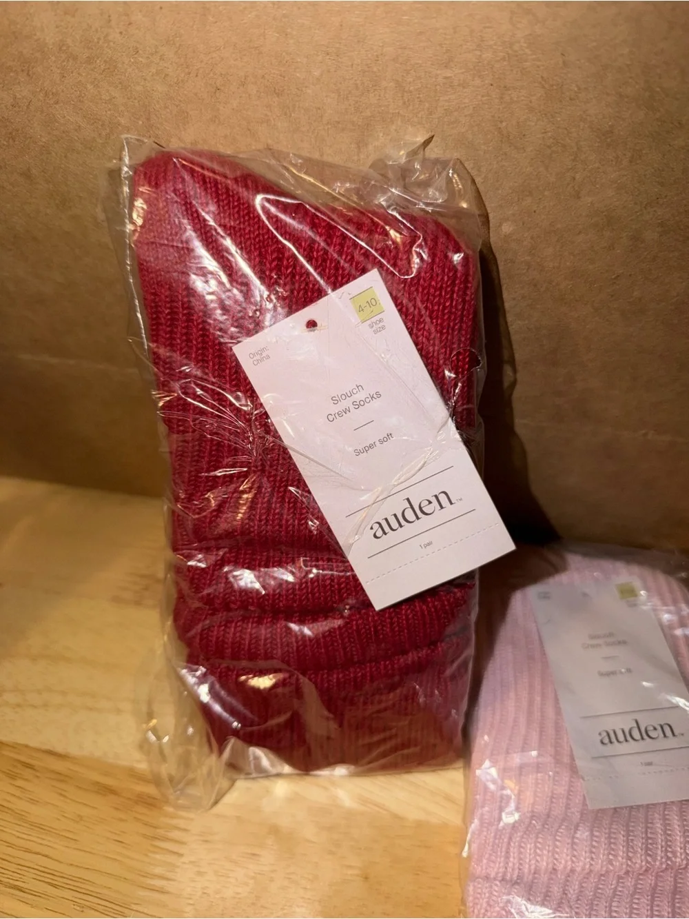 auden Slouch Crew Socks - Red & Light Pink Pair